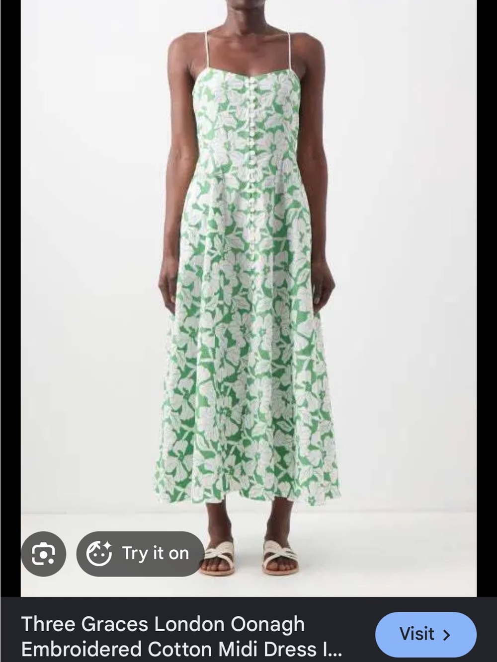 Three Graces London Green & White Embroidered Cotton Midi Dress